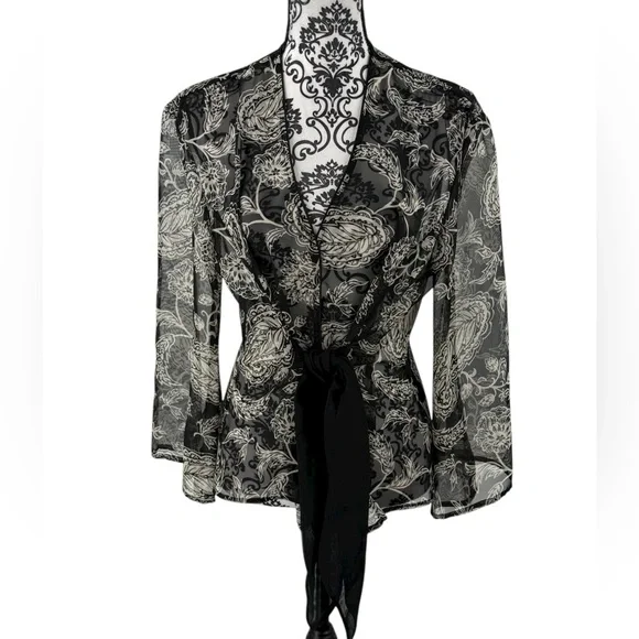 Cato Black Sheer Floral Tie Waist Chiffon Blouse Top Size L - Picture 2 of 11